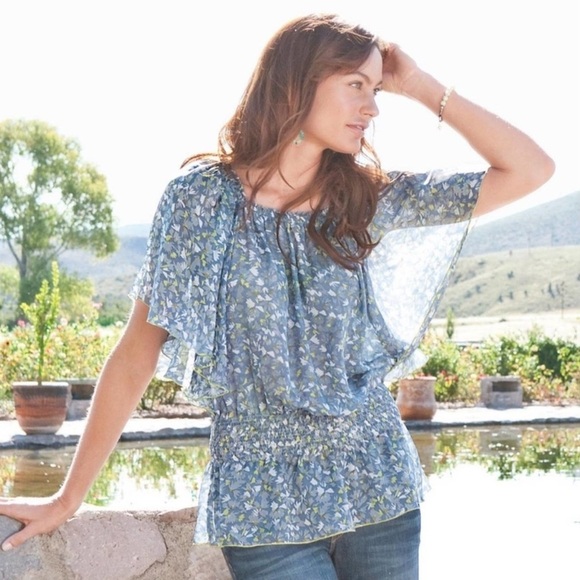 SUNDANCE Giverny Water Garden 100% Silk Floral Tunic, Size Medium, Gray, Blue - Picture 1 of 14
